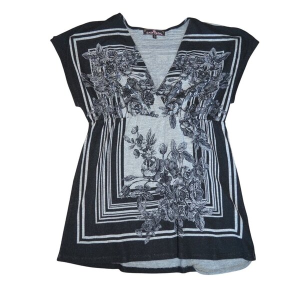Almost Famous Monochrome Empire Waist Floral V Neck Blouse Gray Black Size Large - Picture 5 of 6
